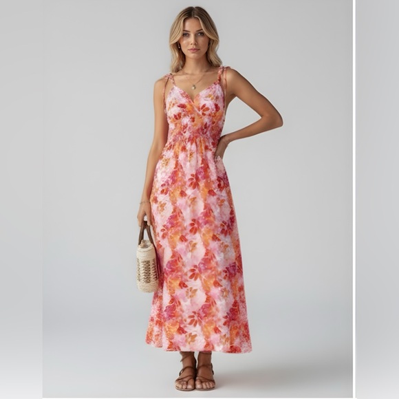 Dresses & Skirts - Boho Floral Print Knot Shoulder Shirred Cami Dress